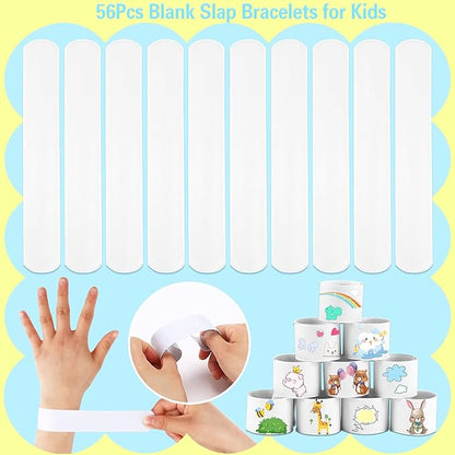 JUNEBRUSHS 56 Pack Slap Bracelets White Blank DIY Slap Bands for Kids Soft Wristband Party Favors Snap Bracelets Bulk for Boys Girls School Craft Projects Birthday Gifts Toys Party Bag Fillers