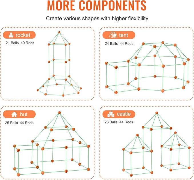 VEVOR Fort Building Kit for Kids, 85PCS Glow in The Dark STEM Building Toys, Educational Gift for 4 5 6 7 8+ Year Old Boys & Girls, Indoor Outdoor Play Tent Construction Toys with 55 Rods and 30 Balls
