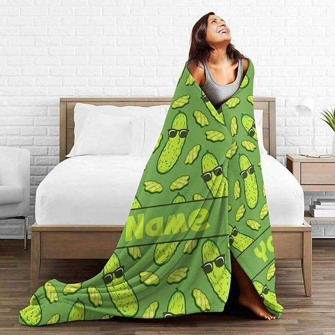 Custom Pickle Blanket with Name for Boys Girls, Personalized Cute Pickle Themed Design Printed Throw Blankets for Kids Lap, Chair, Giftable Blanket, 30"x 40"