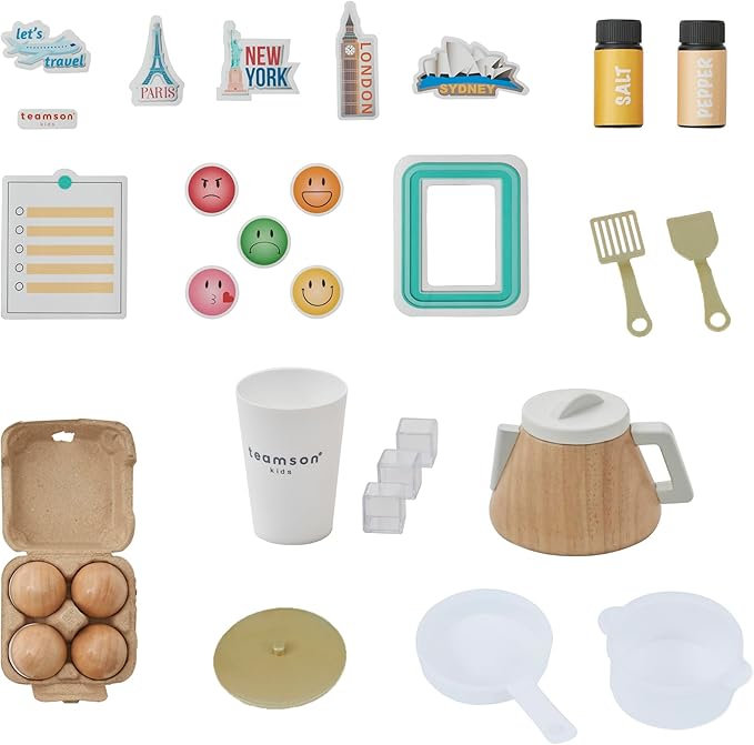 Teamson Kids Little Chef Atlanta Large Modular Wooden Play Kitchen with Interactive, Realistic Features, and 17 Kitchen Accessories, for 3yrs and up, Blue/White/Gold