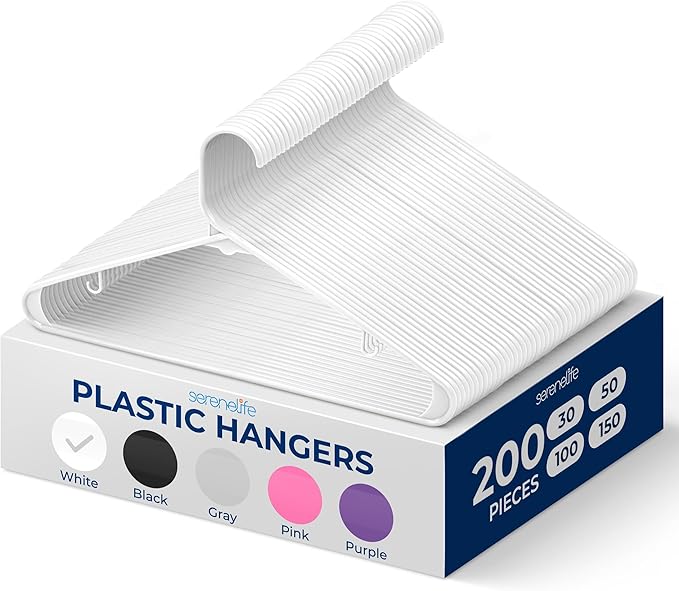 SereneLife White Plastic Hangers 200 Pcs, Durable Hanger Set with Slip Design, Tubular Hangers with 2 Integrated Strap Hooks, Mega Pack for Clothes