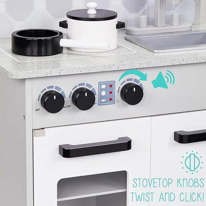 Lil' Jumbl Kids Pretend Kitchen Playset, Pretend Wooden Play Kitchen Toy, Realistic Setup, Includes Pot & Pan, 4 Utensils, Salt & Pepper Shaker, Gray