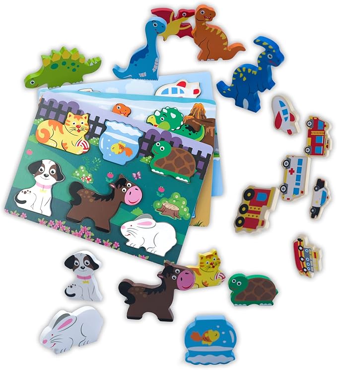 Wooden Chunky Puzzles Set - Dinosaurs, Vehicles and Pets Animals Wooden Puzzles Preschool Early Learning Toy Gift for Kids Toddlers 1-3