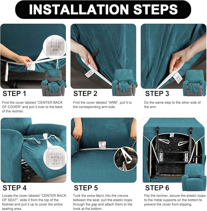 FestiCorp Recliner Chair Covers Real Velvet 4-Pieces Recliner Covers for Small Lazy Boy Recliner Chair Stretch Recliner Sofa Slipcovers Protector with Side Pocket & Elastic Bottom, Peacock Blue