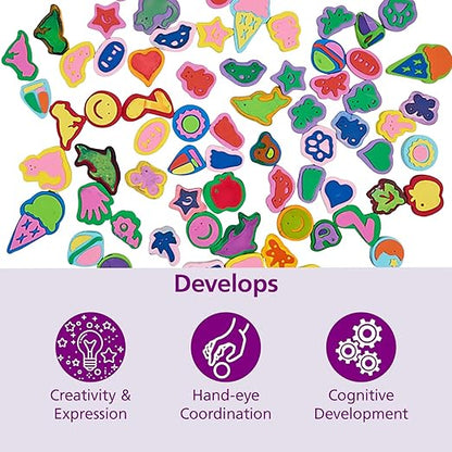 Colorations Mega Foam Stamper Mix, Bulk, Value Pack, 80 Stamps, 25 Assorted designs, EVA Foam, for Kids, Arts & Crafts, Educational, Gift, Non-Toxic, Learning, Stamping