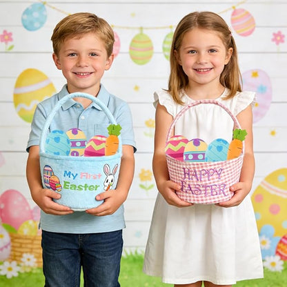 Easter Basket Gift Stuffed Baskets Toys,5 Pack Easter Egg Carrot Plush Toys,Baby Gift Baskets Egg Hunt Toy Easter Party for Baby Toddler Kids (Pink Basket)