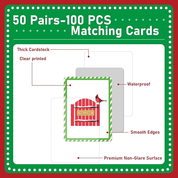 gisgfim 50 Pairs Memory Matching Game Merry Christmas Concentration Memory Games for Kids Educational Ages 3-8 A Fun & Fast Christmas Winter Theme Memory Matching Games