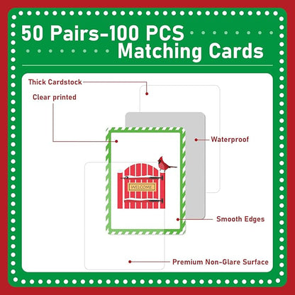 gisgfim 50 Pairs Memory Matching Game Merry Christmas Concentration Memory Games for Kids Educational Ages 3-8 A Fun & Fast Christmas Winter Theme Memory Matching Games