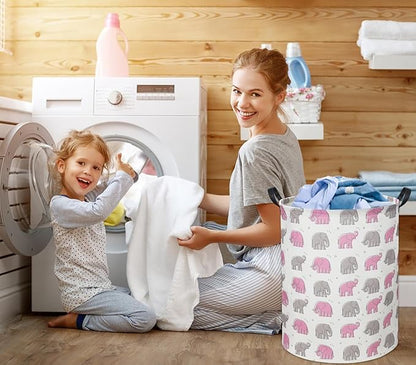 Elephant Baby Laundry Basket Pink Girls Hamper Elephant Toy Storage Bin for Girls Room Decor Baby Nursery Hamper Gift Baskets for Bedroom Bathroom(Line Elephant)