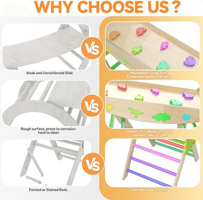 Pikler Triangle Set with Cushion 9 in 1 Climbing Toys for Toddlers 1-3 Indoor Baby Gym Toddler Montessori Toys Wooden Climbing with Maze, Shape Sorting, Dinosaur Car