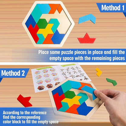 Skrtuan Wooden Hexagon Puzzle for Kid Adults Brain Teaser Blocks Puzzles Games Toy Shape Pattern Block Tangram Geometry Logic IQ STEM Montessori Educational Gift for All Ages Children Boys Girls