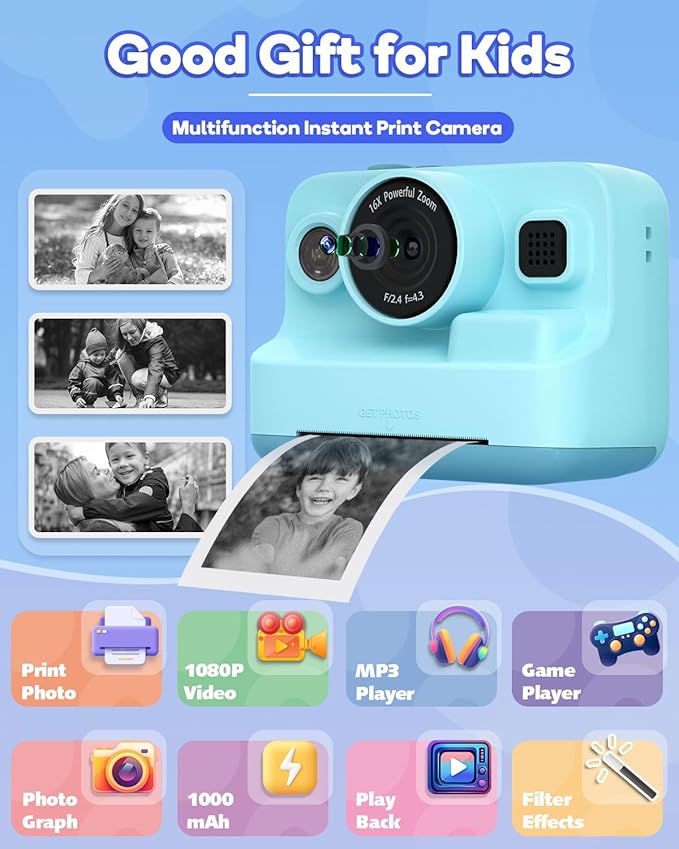 Kids Camera Instant Print,1080P Kids Instant Cameras That Print Photos,Christmas Birthday Gifts for Girls Age 3-12,Portable Toy for 3 4 5 6 7 8 9 10 Year Old Girls Boys-Blue