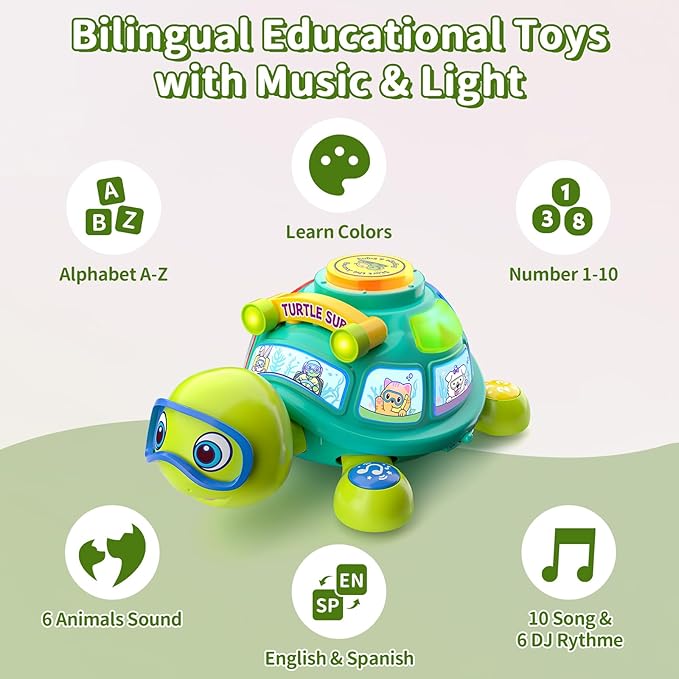 ToddlerCley Musical Turtle Baby Toys 6-12 Months, Bilingual Educational Crawling Toys 7 8 9 10 Months, Light up Infants Tummy Toy with Sound, Number, Letters, Gifts Present for Baby 4 5 6 12 Month