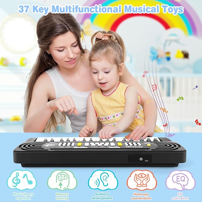 Kids Toddler Toy Piano Keyboard - 37 Key Pianos for Kid Music Toys Instruments with Microphone | Explore Creativity, Perfect Birthday for 3-8 Year Old (Black)