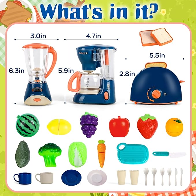 TOY Life Kids Blender Toy, Kids Coffee Maker, Toy Toaster, Toy Kitchen,Play Kitchen Appliances Kids with Light and Sound, Play Coffee Maker for Toddlers, Learning Kitchen Toys Gift for Grils Boys