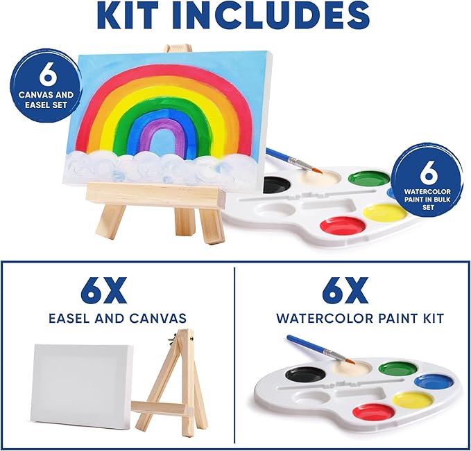 Set of 6 Mini Canvases 4x6 & Easel Set with Watercolors Paint - Party Favors for Kids 3 to 5 - Goody Bag Stuffers - Return Gifts for Kids Birthday - Small Canvases for Painting