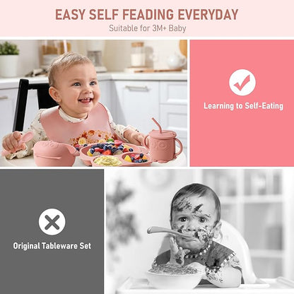 Baby Weaning Set, Silicone Baby Feeding Set(10 Pcs), Toddler Weaning Set with Adjustable Bib, Suction Bowl, Plate, Fork, Spoon, Water & Snack Cup Kit, Baby Led Weaning Kit for Babies and Kids