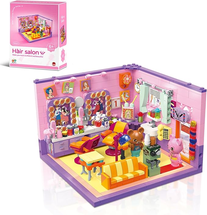 Friends House Building Block Set, Bear Hair Salon Business City View Small Brick Model, Mini Construction Toy, Hobbies Christmas Birthday Gift Teens Children Kids Boys Girls 6+, 583pcs