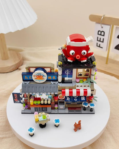 Japanese City Street View Takoyaki Shop, MOC Creative Building Blocks House Set, Simulation Architecture Construction Toy, Gifts Idea for Kids Adults (Mini Blocks 722 pcs)