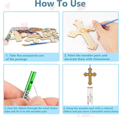 Fennoral 9 Pack Cross Wind Chime Kit for Kids Make You Own Sunday School Craft for Girls Boys DIY Coloring Wooden Christian Crafts for Religious Art Party Decoration Birthday Gift