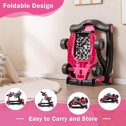 BABY JOY 4-in-1 Baby Walker, Foldable Activity Walker with Adjustable Height & Speed, Music, Lights, Anti-Rollover, Toddler Push Walker, Baby Walker with Wheels for Boys Girls 6-18 Months (Pink)