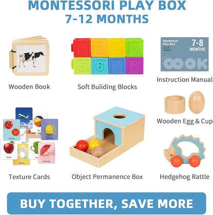 Montessori Baby Toys 6-12 Months, 7 in 1 Educational Toys for Toddlers Early Learning Present (Soft Building Blocks, Object Permanence Box, Rattle, Texture Cards, Wooden Egg, Wooden Book)