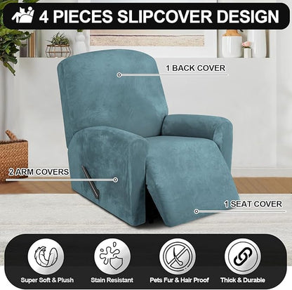 FestiCorp Recliner Chair Covers Real Velvet 4-Pieces Recliner Covers for Small Lazy Boy Recliner Chair Stretch Recliner Sofa Slipcovers Furniture Protector with Side Pocket&Elastic Bottom, Stone Blue