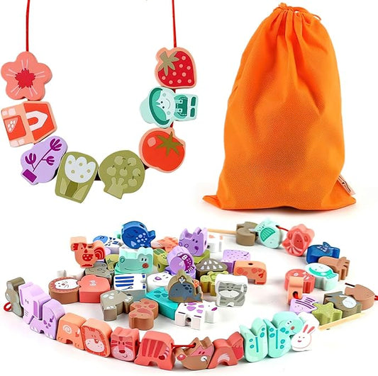 LovesTown Wooden Lacing Beads Set, 67 Pieces, Educational Stringing Toy with Storage Bag, Animal and Fruit Shapes for Toddlers
