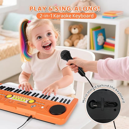 Kids Piano Keyboard with Microphone, 49 Keys Portable Electronic Piano Keyboard for Kids Beginners Ages 3 4 5 6 7, Toy Music Keyboard Birthday Xmas Gift for Girls Boys, Orange