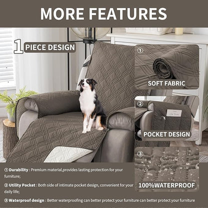 Easehomey 100% Waterproof Recliner Chair Covers, Non Slip Dog Chair Cover Furniture Protector Washable Chair Cover with Pocket, Elastic Straps for Kids,Pets,Dogs (Taupe, 23.6")