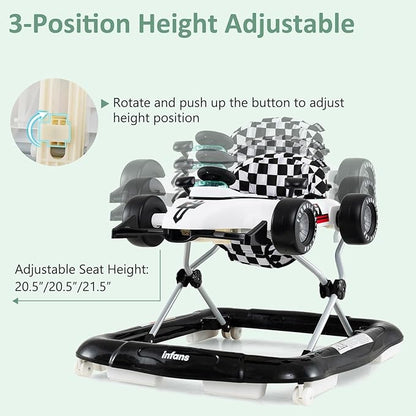 INFANS 4 in 1 Baby Walker, Foldable Toddler Activity Center with Adjustable Height, Padded Seat, Music, Light, Removable Tray, Push Walker for Girls Boys Aged 6-18 Months (Ivory)