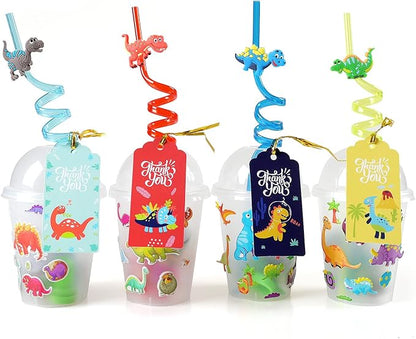 MOVINPE Dinosaur Party Favors Personalize Goody Cups with Gift Tags, Filled with Dinosaur Themed Reusable Straws Stampers Luminous Dinos Figure Slap Bracelets Keychains Rings 3D Stickers for Kids
