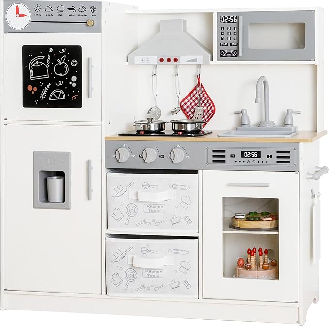 Play Kitchen Pretend Wooden Kids Kitchen Playset Toy Kitchen with Real Sound & Light and Toy Storage System and 12 Pcs Toddler Kitchen Accessories, for Boys and Girls Ages 3+,White Grey