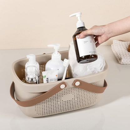 JiatuA Plastic Storage Basket with Handle Portable Shower Caddy Tote Organizer Basket Bin for Bathroom Kitchen Dorm Room Bedroom, Beige
