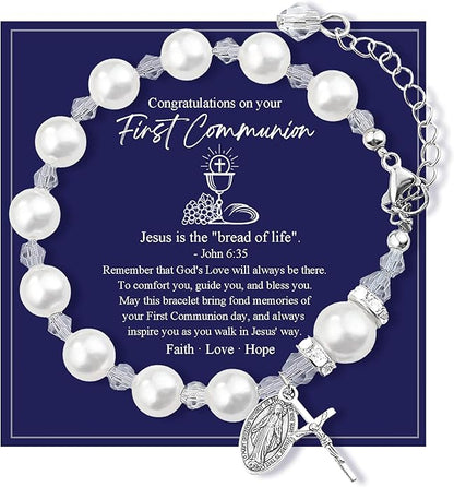 PEALICIOUS First Communion Gifts for Girls Boys, Cute Cross Bracelet as 1st Communion Favors Holy Religious Jewelry Christian Catholic Gifts for Son Daughter Niece, Easter Basket Stuffers for Teen