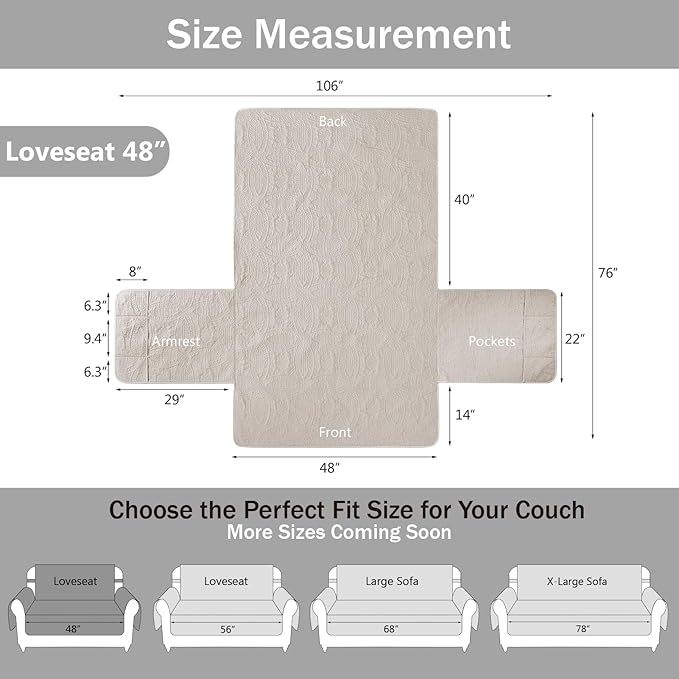 Beige Loveseat Covers for 2 Cushion Couch, Water-Repellent Covers for Loveseat, Machine Washable Love Seat Quilted Couch Covers, Pet Friendly Loveseat Slipcovers (Loveseat 48", Beige Cream)