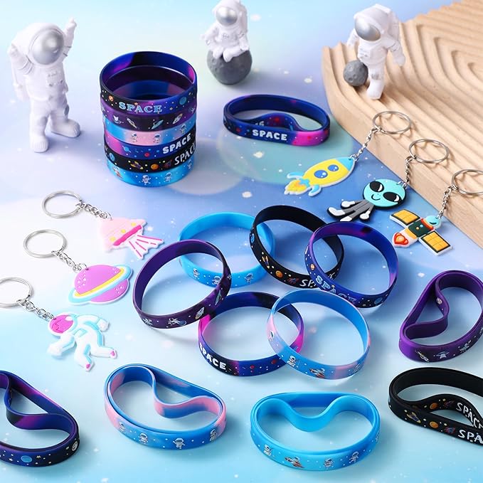 Aoriher 48 Pcs Space Party Favors Outer Space Rubber Bracelets Silicone Wristbands Space Theme Keychains Space Party Goodie Bag Fillers for Galaxy Birthday Party Supplies Boys Girls Classroom Rewards