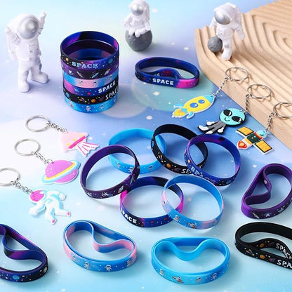 Aoriher 48 Pcs Space Party Favors Outer Space Rubber Bracelets Silicone Wristbands Space Theme Keychains Space Party Goodie Bag Fillers for Galaxy Birthday Party Supplies Boys Girls Classroom Rewards
