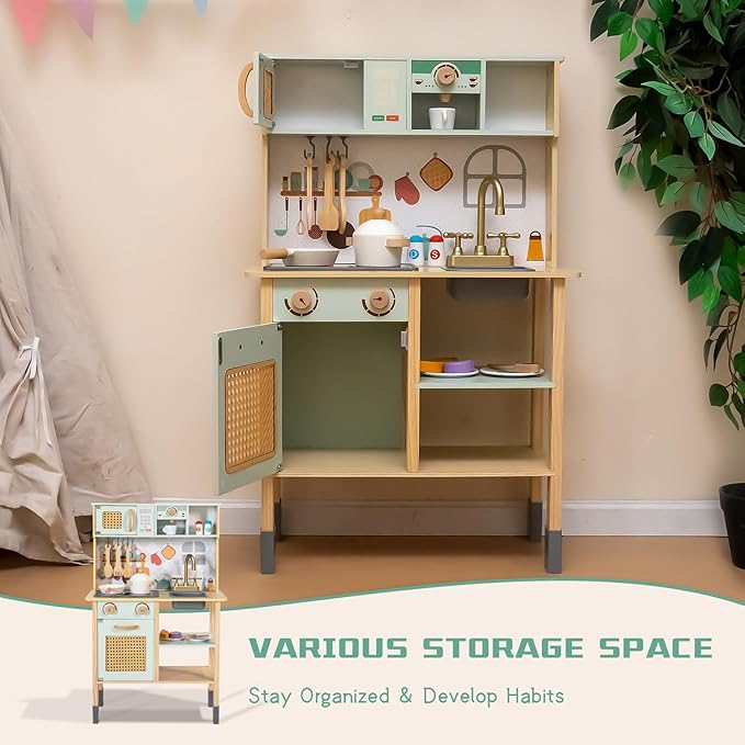 Garsing Play Kitchen for Kids Toddlers with Sounds, Wooden Kids Kitchen Playset with Realistic Features, Modern Toy Kitchen Sets with Storage and Accessories for Boys Girls, Age 3+, Green