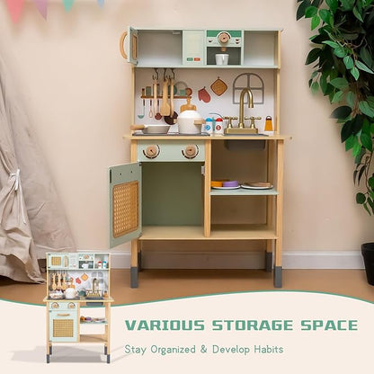 Garsing Play Kitchen for Kids Toddlers with Sounds, Wooden Kids Kitchen Playset with Realistic Features, Modern Toy Kitchen Sets with Storage and Accessories for Boys Girls, Age 3+, Green