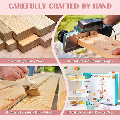 Wooden Tea Party Set, Tea Sets for Toddlers 3-5, Toddler Tea Set with Dessert Cookies & Cake Stand, Kids Tea Sets for Girls, Little Girl Tea Party Set Birthday