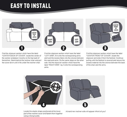 KinCam Recliner Covers, Stretch Reclining Chair Covers, Recliner Sofa Slipcovers Stripe Jacquard Recliner Couch Covers Furniture Protector Covers for Pet Kid (2XL Seater, Black)