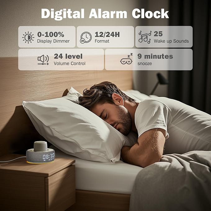 White Noise Machine with Smart Alarm Clock, 25 Soothing Sounds, Portable Sleep Sound Machine Aid for Baby, Kids, Adults, Office, Dimmable Timer, 7 Night Light Colors for Privacy Bedroom, Gray