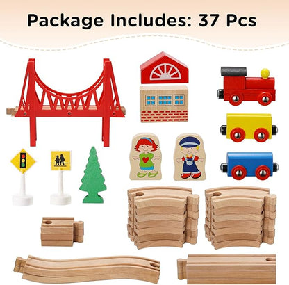 SainSmart Jr. Wooden Train Set - Interactive Police Playset for Kids | Building Toy with Train, Figures & Accessories | Compatible with Brio, Thomas, Melissa and Doug | Educational STEM Gift (Village)