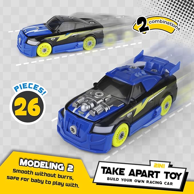 GILOBABY 26 Pieces Take Apart Toys for Boys, Racing Car with Electric Drill, Sounds & Lights, Building Stem Toys for Kids, Gifts for 3 4 5 Year Old Boys Learning Educational Toys