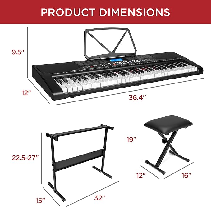 Best Choice Products 61-Key Beginners Complete Electronic Keyboard Piano Set w/Lighted Keys, LCD Screen, Headphones, Stand, Bench, Teaching Modes, Note Stickers, Built-In Speakers - Black