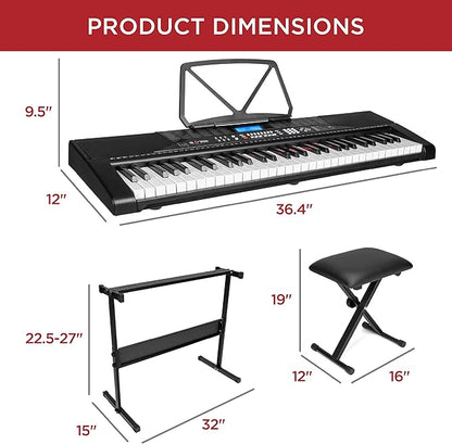 Best Choice Products 61-Key Beginners Complete Electronic Keyboard Piano Set w/Lighted Keys, LCD Screen, Headphones, Stand, Bench, Teaching Modes, Note Stickers, Built-In Speakers - Black