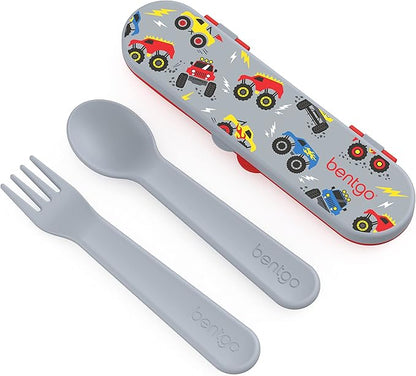 Bentgo Kids Utensil Set - Reusable Plastic Fork, Spoon & Storage Case - BPA-Free Materials, Easy-Grip Handles, Dishwasher Safe - Ideal for School Lunch, Travel, & Outdoors (Trucks)