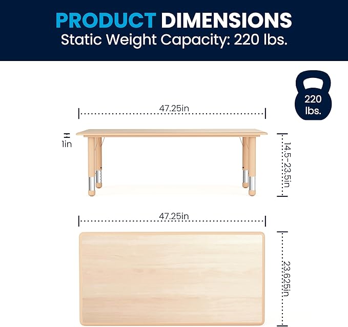 Flash Furniture Wren Adjustable Classroom Activity Table for School and Home, Plastic Activity Table for Kids, 23.625" W x 47.25" L, Natural