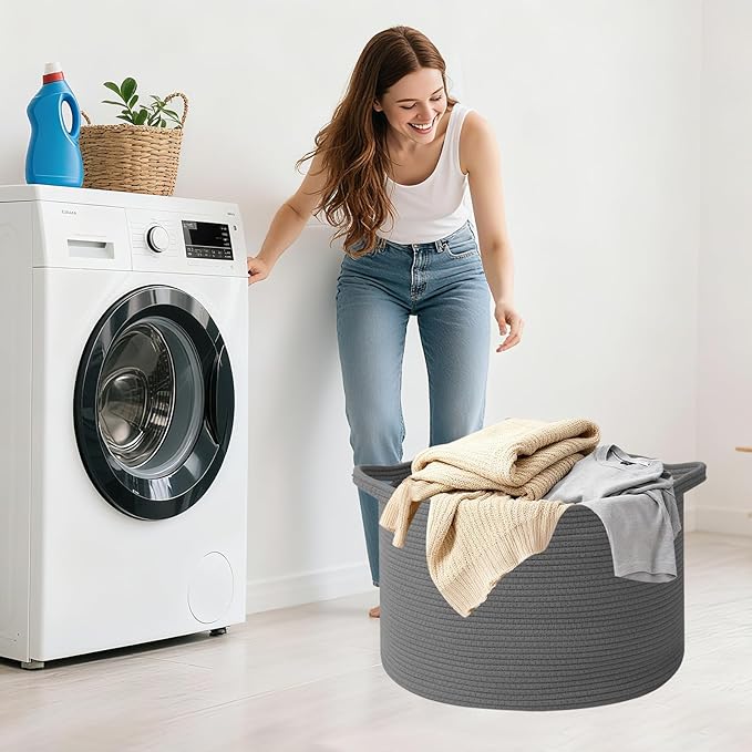 65L Large Blanket Basket, 19.7" L x 19.7" W x 13" H Cotton Rope Woven Storage Basket,Laundry Hamper for Toys, Clothes, Pillows & Towels, Perfect for Living Room, Nursery & Bedroom,Dark Gry